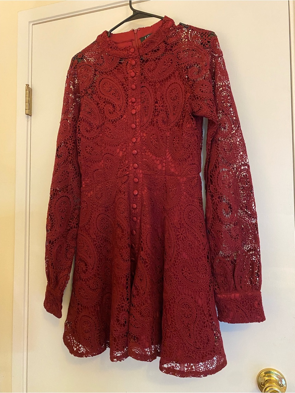FORE Red Wine Button up Lace Long-Sleeve Fit & Flare Dress